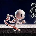 스케이트보드를 타고 있는 흰색과 검은색의 만화 캐릭터 두 명이 역동적으로 이동하고 있는 이미지