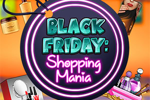 검은색 원형 배경에 Black Friday: Shopping Mania라는 텍스트가 네온 스타일로 적혀 있고 주변에 화장품과 향수가 있는 이미지