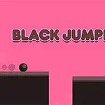 분홍색 배경에 BLACK JUMPER라고 적힌 글자와 검은색 공이 두 플랫폼 사이에 놓여 있다