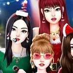 크리스마스 장식과 함께 마이크를 들고 서 있는 네 명의 여성