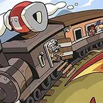 증기 기관차와 여러 인물이 기차 안에 타고 있는 만화 스타일 이미지