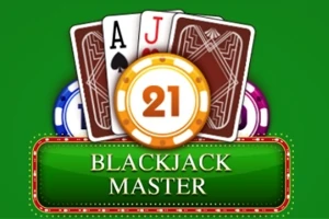 녹색 배경에 카드를 쥔 포커 칩과 21 BLACKJACK MASTER라는 문구가 있는 이미지