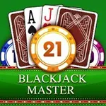 녹색 배경에 카드를 쥔 포커 칩과 21 BLACKJACK MASTER라는 문구가 있는 이미지