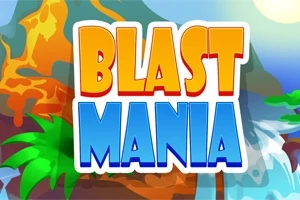 Blast Mania라는 텍스트가 화산과 야자수 배경 위에 있는 밝고 알록달록한 이미지