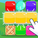 다채로운 블록들이 나열되어 있으며, 흰색 손 모양이 노란 블록을 가리키고 있는 이미지