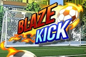 불꽃이 붙은 축구공이 골대 앞에 있고 BLAZE KICK라는 텍스트가 있는 장면