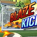 불꽃이 붙은 축구공이 골대 앞에 있고 BLAZE KICK라는 텍스트가 있는 장면