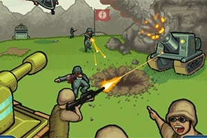 군인이 탱크와 대포가 있는 전장에서 전투를 벌이는 만화 스타일 이미지