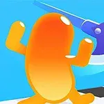 주황색 캐릭터가 파란 배경에서 검은색과 흰색 격자 무늬 바닥 위를 걷고 있으며, 커다란 파란 도끼가 휘두르고 있는 장면