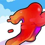 빨간 젤리 같은 캐릭터가 파란 하늘과 구름 아래 경주 트랙을 달리고 있다