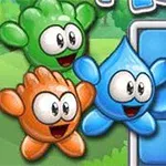 세 가지 색상의 귀여운 캐릭터들이 파란색 블록 옆에서 웃고 있는 모습