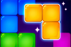 컬러풀한 네모난 블록들이 검정 배경 위에 배치되어 있으며, 네모 주위에 밝은 테두리와 반짝이는 효과가 있다