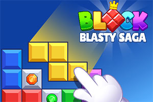 다양한 색상의 블록과 보석이 있는 화면에서 흰색 장갑을 낀 손가락이 블록을 가리키고 있으며, 상단에는 “BLOCK BLASTY SAGA”라는 텍스트가 있다