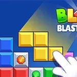 다양한 색상의 블록과 보석이 있는 화면에서 흰색 장갑을 낀 손가락이 블록을 가리키고 있으며, 상단에는 “BLOCK BLASTY SAGA”라는 텍스트가 있다