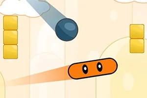 주황색 사각형 모양의 캐릭터와 파란색 공이 하늘 배경 앞에 떠 있는 모습