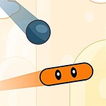 주황색 사각형 모양의 캐릭터와 파란색 공이 하늘 배경 앞에 떠 있는 모습