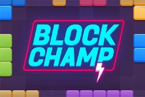 알록달록한 블록들로 둘러싸인 BLOCK CHAMP 텍스트와 번개 모양 아이콘이 중앙에 있는 이미지