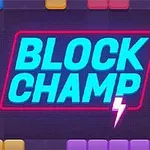 알록달록한 블록들로 둘러싸인 BLOCK CHAMP 텍스트와 번개 모양 아이콘이 중앙에 있는 이미지