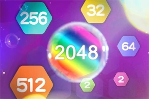 다양한 색상의 숫자 2048이 큰 원 안에 있고, 주변에 여러 색과 숫자가 있는 불빛 효과의 배경