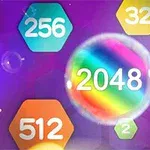 다양한 색상의 숫자 2048이 큰 원 안에 있고, 주변에 여러 색과 숫자가 있는 불빛 효과의 배경