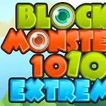 색색의 폰트로 BLOCK MONSTERS 1010 EXTREME라는 글자가 쓰여 있으며, 배경에는 만화 스타일의 나무들이 있다
