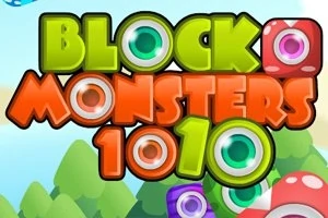 알록달록한 글씨로 BLOCK MONSTERS 1010이라는 텍스트와 눈 모양의 장식이 있는 귀여운 디자인의 이미지