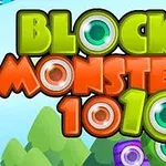 알록달록한 글씨로 BLOCK MONSTERS 1010이라는 텍스트와 눈 모양의 장식이 있는 귀여운 디자인의 이미지