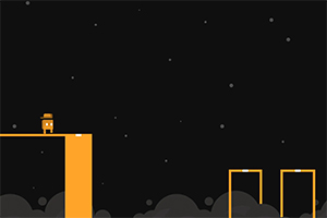 검은 배경에 노란색 모자와 옷을 입은 네모난 캐릭터가 위치한 플랫폼과 두 개의 떨어진 플랫폼