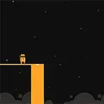 검은 배경에 노란색 모자와 옷을 입은 네모난 캐릭터가 위치한 플랫폼과 두 개의 떨어진 플랫폼