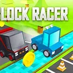 블록 스타일의 자동차들이 동전과 함께 경주하는 장면