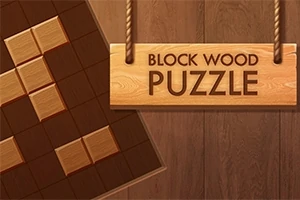 나무 블록으로 구성된 퍼즐 보드와 BLOCK WOOD PUZZLE라는 문구가 적힌 나무 간판