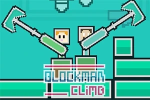 두 개의 픽셀 아트 캐릭터가 도끼를 들고 쌓인 블록을 오르는 장면