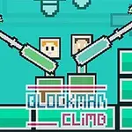 두 개의 픽셀 아트 캐릭터가 도끼를 들고 쌓인 블록을 오르는 장면