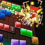 다양한 색상의 블록들이 검은 바닥 위에 배치되어 있으며, 빛나는 여우 캐릭터가 열쇠를 들고 있는 모습