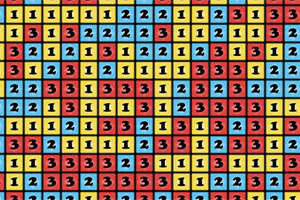 노란색, 파란색, 빨간색 배경의 숫자 1, 2, 3이 반복적으로 배열된 격자 패턴