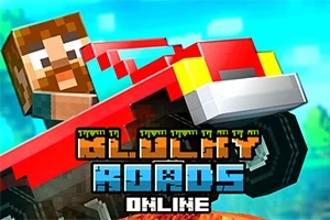 픽셀 스타일의 캐릭터가 붉은색 자동차를 타고 있는 모습과 BLOCKY ROADS ONLINE이라는 텍스트