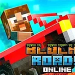 픽셀 스타일의 캐릭터가 붉은색 자동차를 타고 있는 모습과 BLOCKY ROADS ONLINE이라는 텍스트