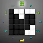 검은색과 흰색 사각형들로 구성된 그리드와 주변에 다양한 색상의 블록 조각들이 배치된 이미지