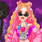 두 명의 여성 캐릭터가 각각 화려한 의상과 선글라스를 착용하고 있으며, 배경은 보라색이다