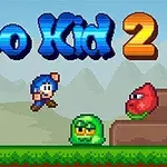 파란 머리의 캐릭터가 적과 점프하며 나무와 보물 상자가 있는 픽셀 아트 배경