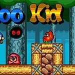 플랫폼 위의 파란색 캐릭터가 다양한 색상의 몬스터들과 함께 있는 픽셀 아트 스타일의 숲 배경