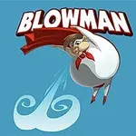 빨간 망토와 스카프를 두른 둥근 몸의 남성이 하늘을 날고 있는 모습과 BLOWMAN이라는 큰 글자가 있는 이미지