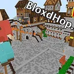 큰 캐릭터가 있는 블록 스타일의 중세 마을 배경