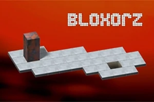 붉은 배경에 떠 있는 회색 블록 플랫폼과 큐브 형태의 직사각형 기둥이 있으며, 오른쪽에는 네모난 구멍이 있다