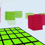녹색과 붉은색 격자로 덮인 큐브 형상의 3D 구조물이 흰색 배경에 배치되어 있습니다