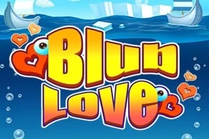 밝은 색상의 대문자로 Blub Love 텍스트와 귀여운 하트 모양 장식이 있는 바다 배경 이미지