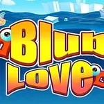 밝은 색상의 대문자로 Blub Love 텍스트와 귀여운 하트 모양 장식이 있는 바다 배경 이미지
