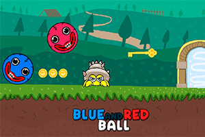 듬직한 산악 배경에 빨간색과 파란색 얼굴이 있는 공이 있으며, 땅 위에는 노란색 동전과 문이 있고, 가운데에는 뿔이 달린 회색 캐릭터가 있다