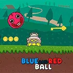 듬직한 산악 배경에 빨간색과 파란색 얼굴이 있는 공이 있으며, 땅 위에는 노란색 동전과 문이 있고, 가운데에는 뿔이 달린 회색 캐릭터가 있다