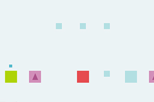 다양한 색상의 크고 작은 사각형들과 삼각형이 흰색 배경 위에 배열된 모습